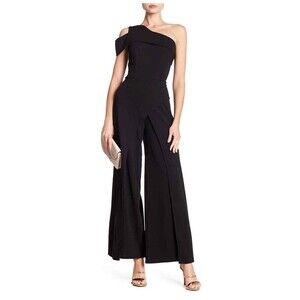 Marina women's Cut-Out One Shoulder Overlay Pant Stretch Jumpsuit Black 4US S